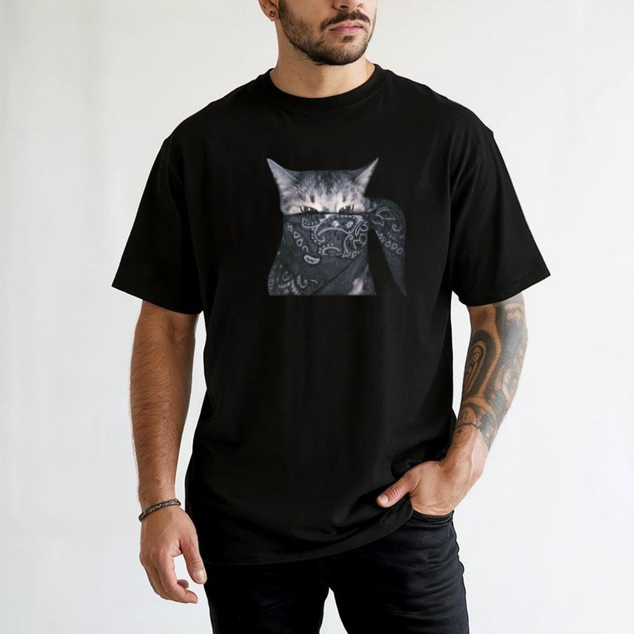 Outlaw Cat Graphic T-Shirt | Bandana Wearing Kitten Meme | 100% Cotton Premium Tee | Funny Animal Lover Gift for Men and Women