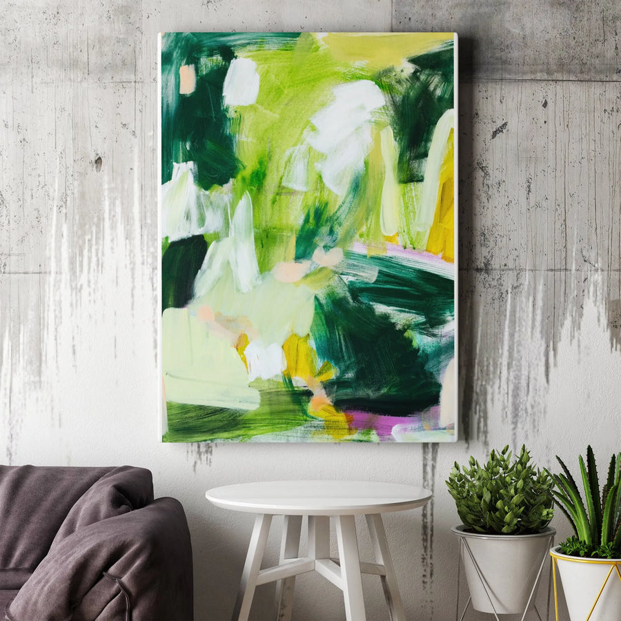 Modern Abstract Vertical Canvas | Green And White Expressive Brushstroke Art | Premium Gallery Wrapped Canvas | Living Room Decor Gift