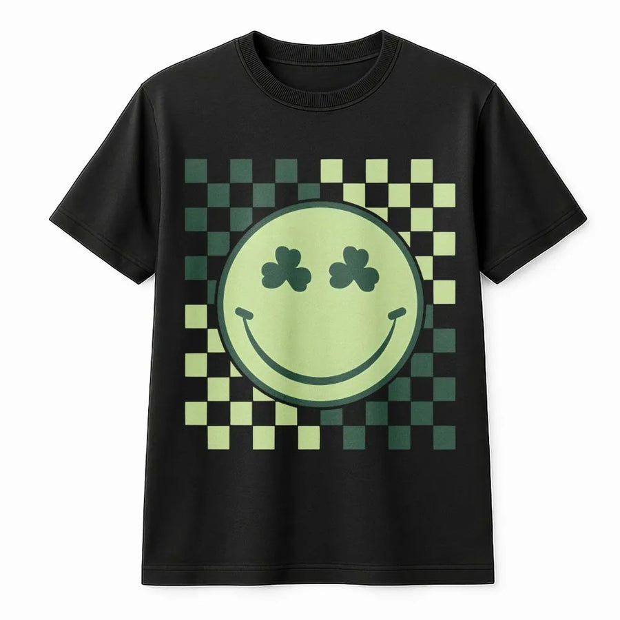 St. Patrick's Day Smiley Face T-Shirt | Retro Checkered Shamrock Design | Premium Soft Cotton Tee | Cute Irish Holiday Gift for Women