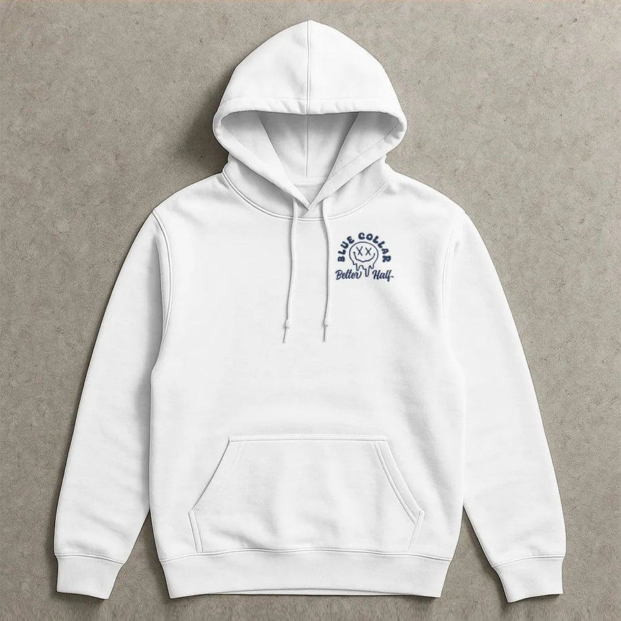 Blue Collar Better Half Hoodie | Drippy Smiley Face Graphic | Soft Cotton Blend | Gift for Blue Collar Wife
