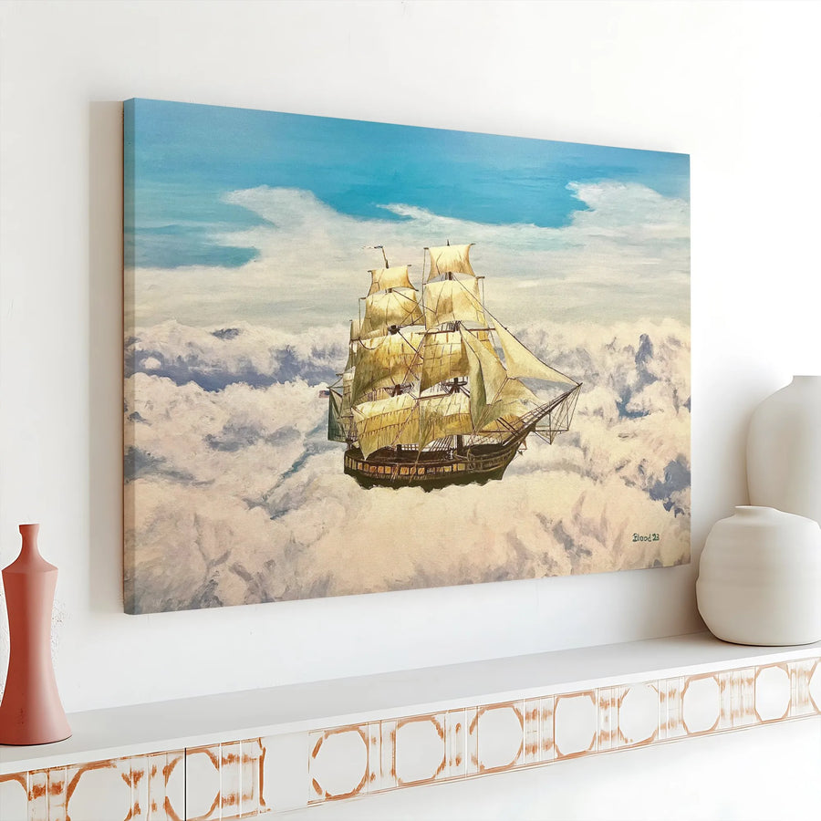 Flying Ship Canvas Wall Art | Surreal Cloudscape Oil Painting Print | Premium Gallery Wrap Canvas | Nautical Fantasy Home Decor Gift