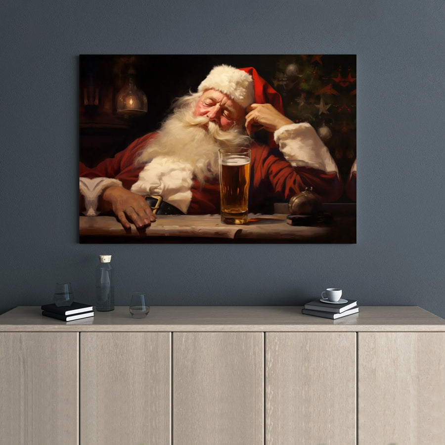 Sleeping Santa Claus Canvas Print | Funny Drinking Beer Holiday Wall Art | Premium Gallery Wrap Decor | Unique Christmas Gift for Men