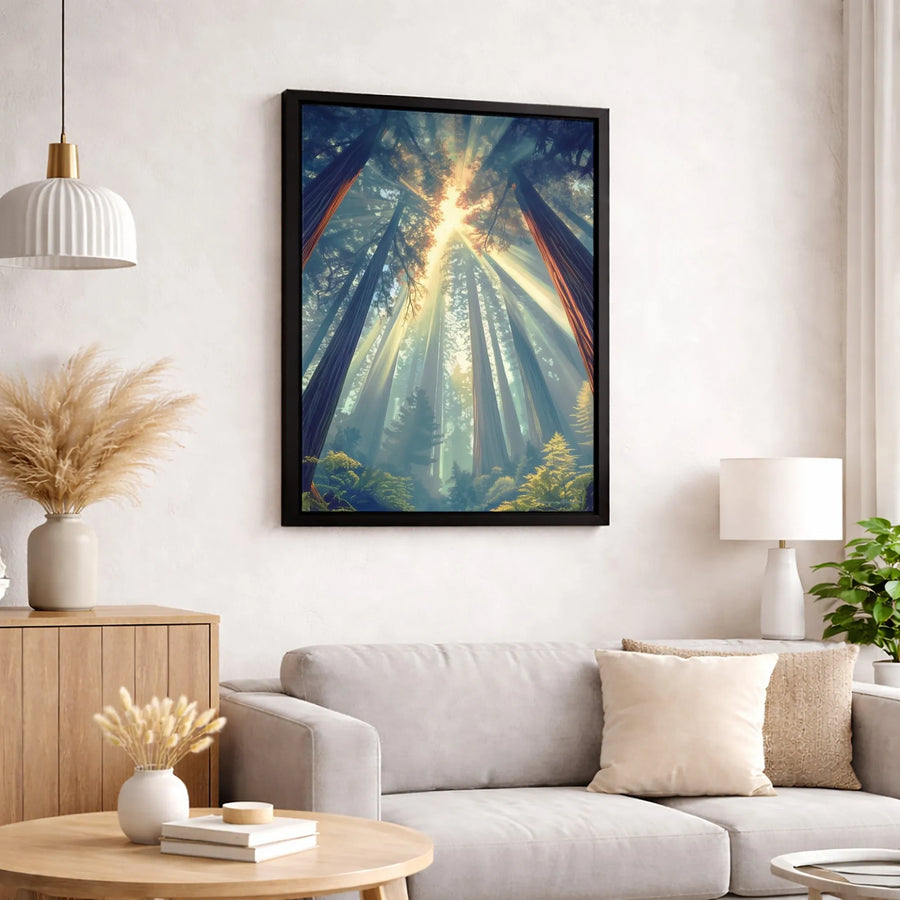Redwood Forest Canvas Print | Sun Rays Through Tall Trees | Gallery-Wrapped Premium Wall Art | Nature Decor for Home or Office Gift