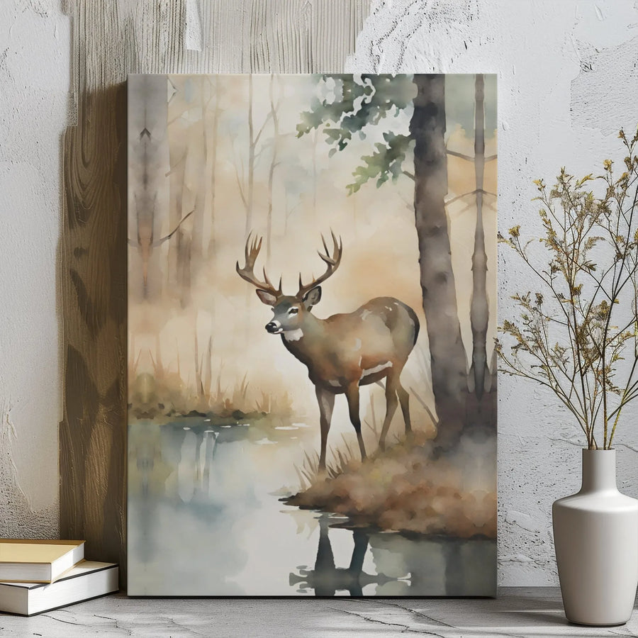 Misty Forest Deer Canvas Print | Watercolor Buck Wall Art | 1.25-Inch Gallery Wrap | Rustic Nature Decor for Living Room Gift