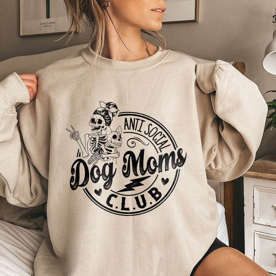 Anti Social Dog Moms Club Sweatshirt | Skeleton Dog Lover Graphic | Premium Cotton Blend Crewneck | Funny Gift For Pet Owners