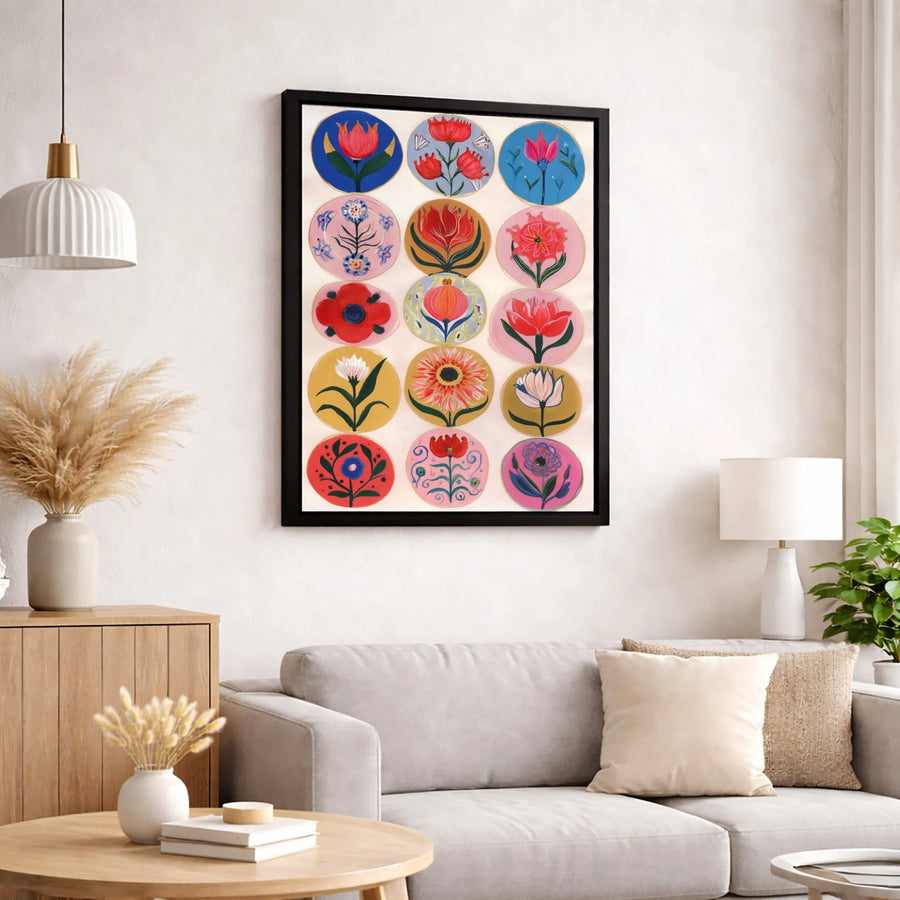 Floral Medallion Canvas Wall Art | Colorful Botanical Grid Print | Premium 1.25-Inch Gallery Wrap | Modern Boho Home Decor Gift