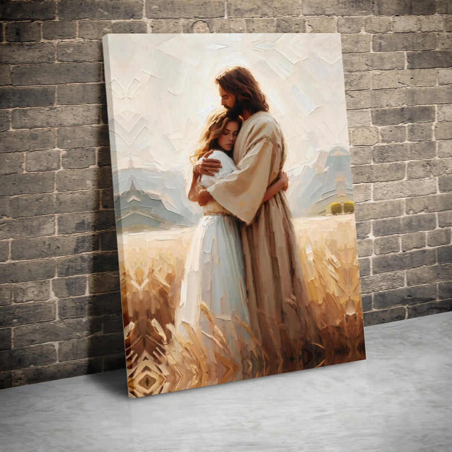 Jesus Embracing Woman In Wheat Field Canvas Print | Religious Oil Painting Style Art | 1.25-Inch Premium Gallery Profile | Christian Home Decor Gift
