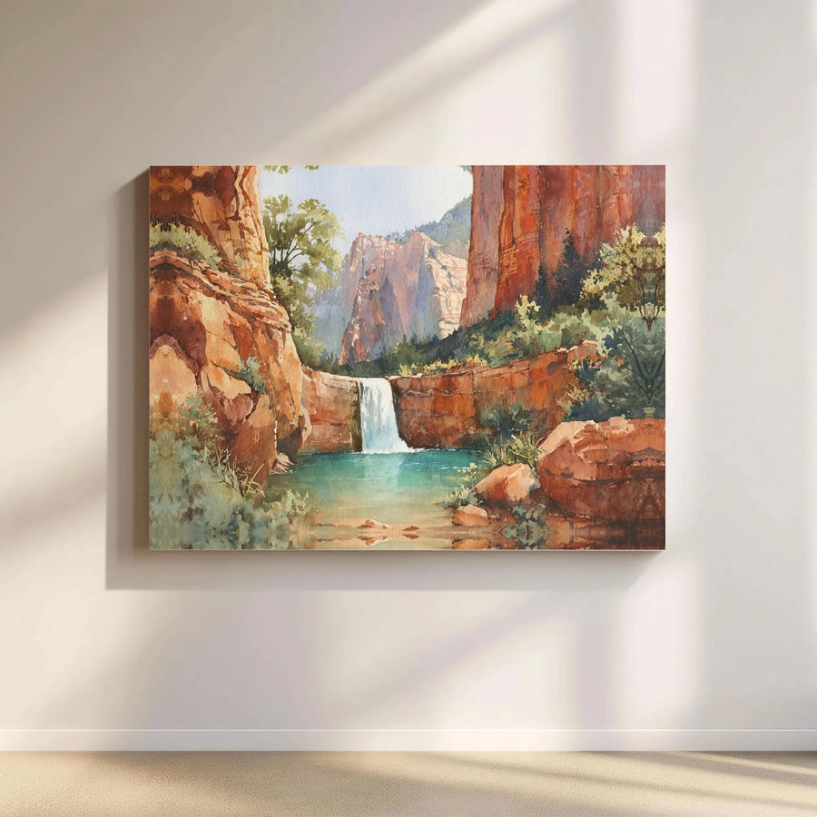 Red Rock Canyon Waterfall Wall Art | Watercolor Landscape Canvas Print | Premium Gallery Wrap 1.25" Frame | Southwestern Nature Home Decor