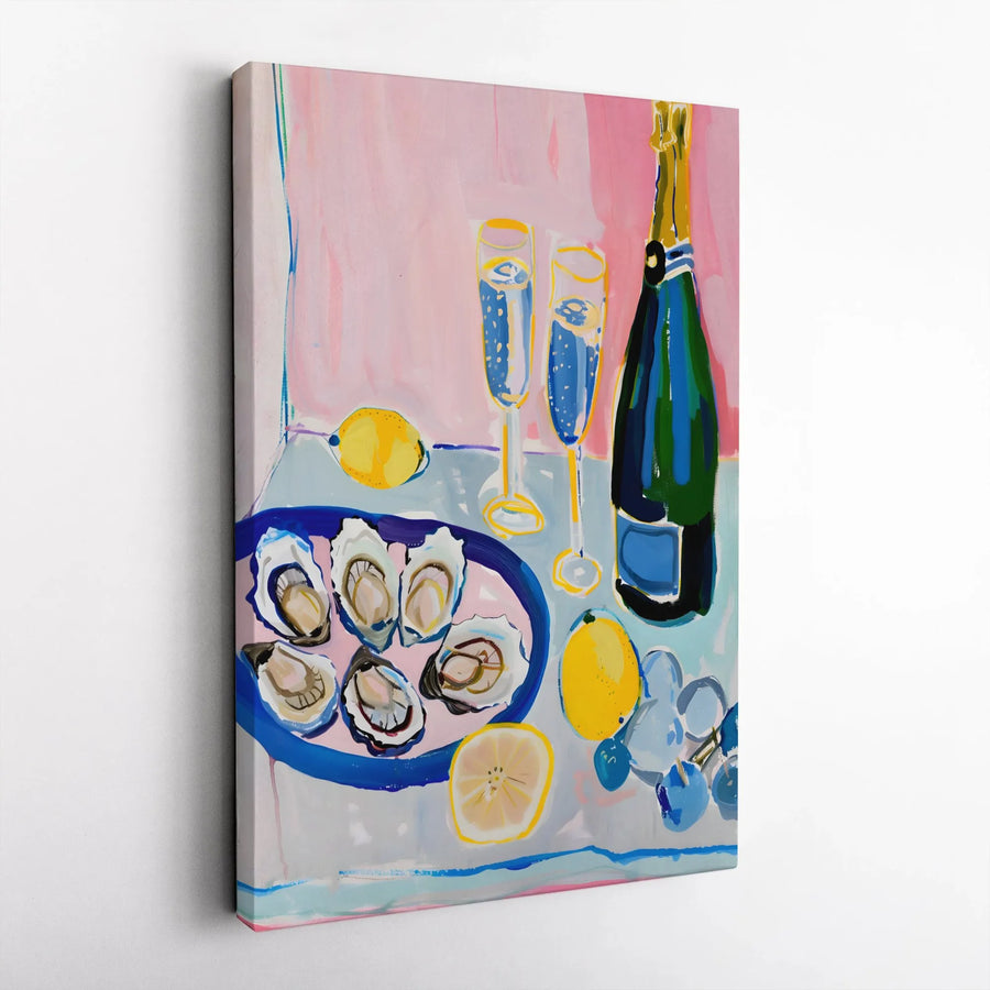 Champagne and Oysters Wall Art | Modern Still Life Kitchen Painting | Gallery-Quality Canvas Print | Chic Dining Room Decor Gift
