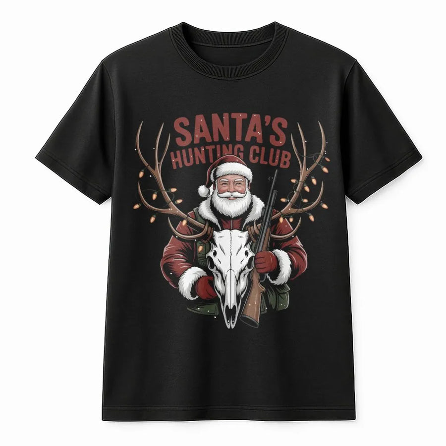 Santa's Hunting Club T-Shirt | Funny Christmas Deer Skull Graphic | Premium Cotton Graphic Tee | Unique Gift for Hunters & Outdoorsmen