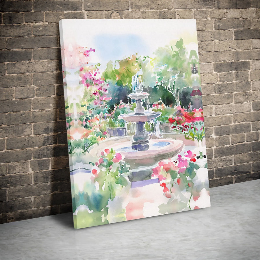 Watercolor Garden Wall Art | Impressionist Floral Fountain Painting | Premium Canvas Print | Botanical Home Decor Gift