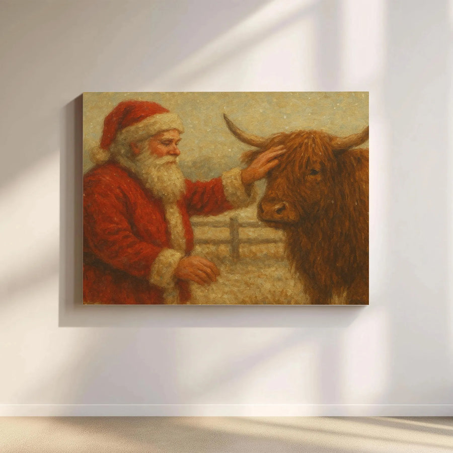 Santa Claus With Highland Cow Canvas Art | Vintage Farmhouse Style Print | Gallery Wrapped Premium Canvas | Christmas Farmhouse Home Decor Gift