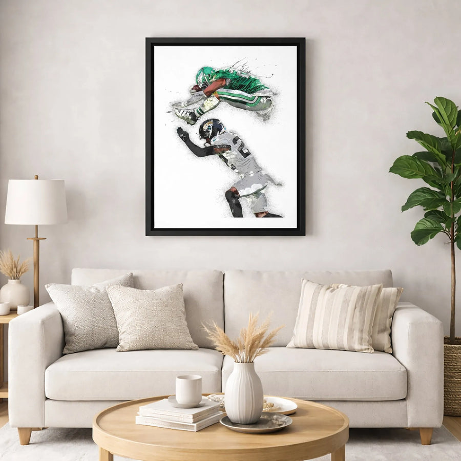 American Football Canvas Art | Hurdling Player Watercolor Splatter Print | 1.25-Inch Premium Gallery Wrap | Sports Decor Gift for Fans