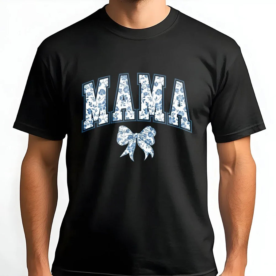 Mama T-Shirt | Floral Bow Varsity Graphic Print | Premium Soft Cotton | Stylish Mother's Day 2026 Gift for Mom