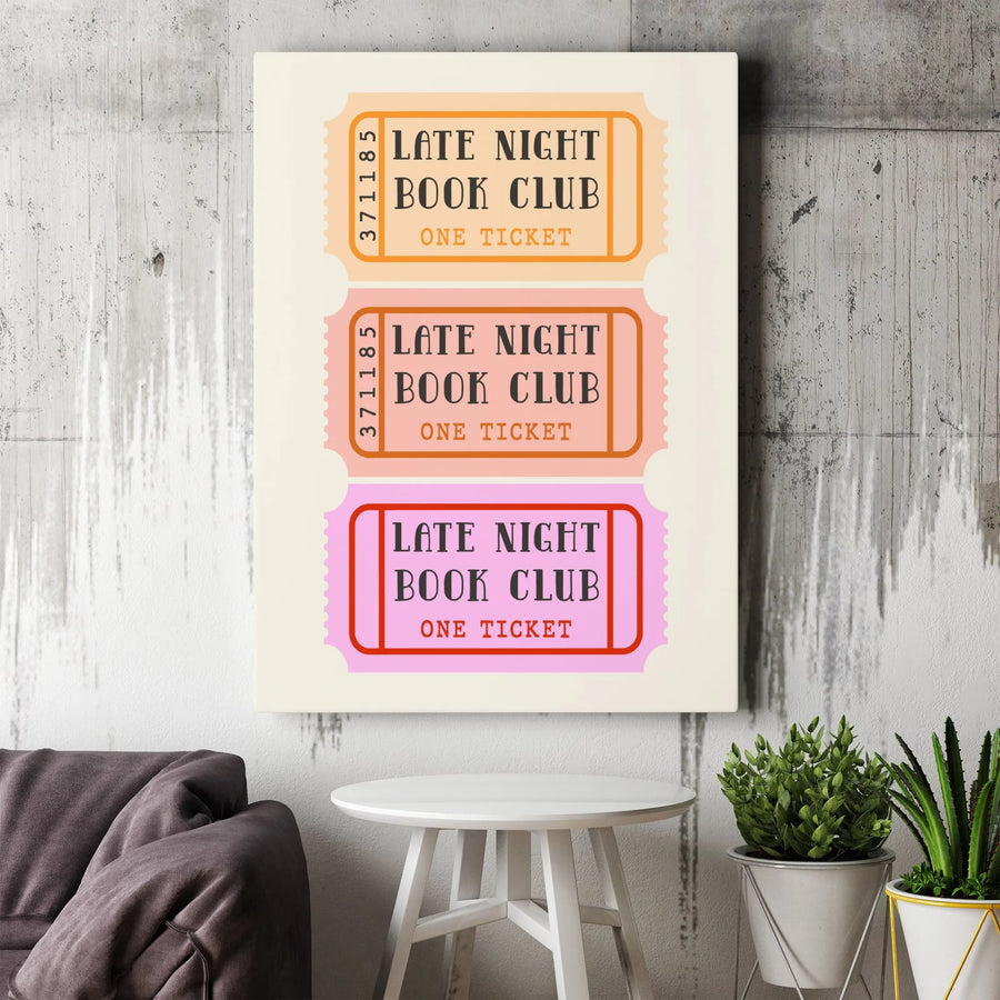 Late Night Book Club Canvas Wall Art | Retro Ticket Stubs Print | Premium Gallery Wrap Decor | Gift for Readers & Book Lovers