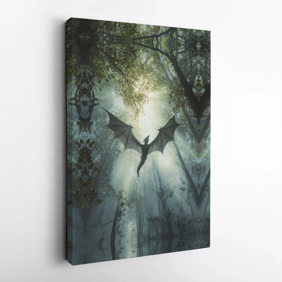 Dragon Wall Art Canvas | Misty Forest Fantasy Landscape | Premium Fade-Resistant Print | Magical Home Decor Gift for Fantasy Lovers