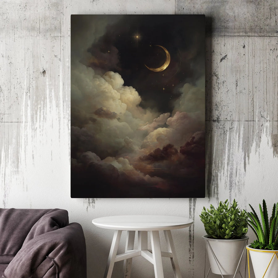 Celestial Night Sky Canvas Wall Art | Golden Crescent Moon and Stars Painting | Premium Gallery Wrap Print | Dreamy Bedroom Living Room Decor