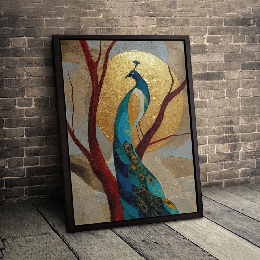 Abstract Peacock Wall Art | Golden Sun & Red Tree Botanical Print | Premium Gallery Wrapped Canvas | Luxury Living Room Decor Gift