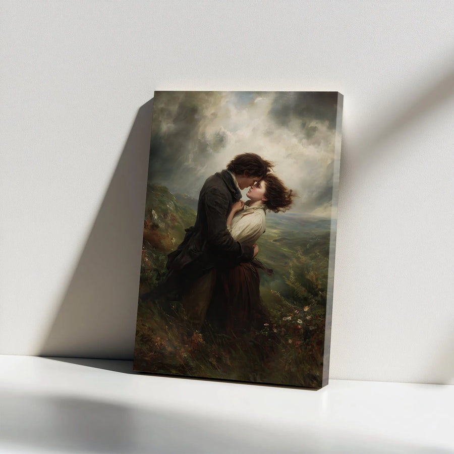 Romantic Couple Canvas Wall Art | Stormy Hillside Oil Painting Style | Premium Gallery Wrap Print | Gothic Victorian Decor Gift for Her