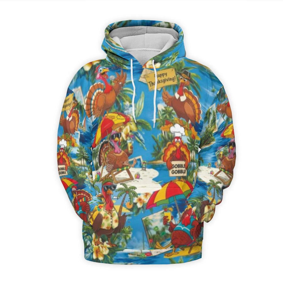 Thanksgiving Tropical Turkey Hoodie | Funny Hawaiian Beach Theme All-Over Print | Premium Brushed Fleece Pullover | Unique Holiday Gift for Men Women