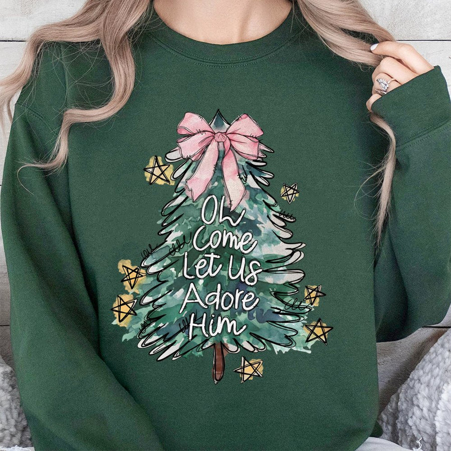 Oh Come Let Us Adore Him Sweatshirt | Coquette Aesthetic Christmas Tree Design | Premium Cotton-Poly Blend | Religious Christian Holiday Gift