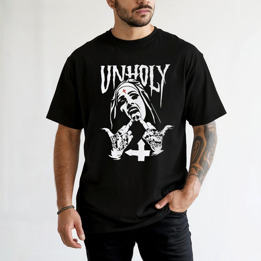 Unholy Nun Graphic T-Shirt | Edgy Gothic Streetwear Aesthetic | 100% Premium Cotton | Alternative Rock Style Gift for Her and Him
