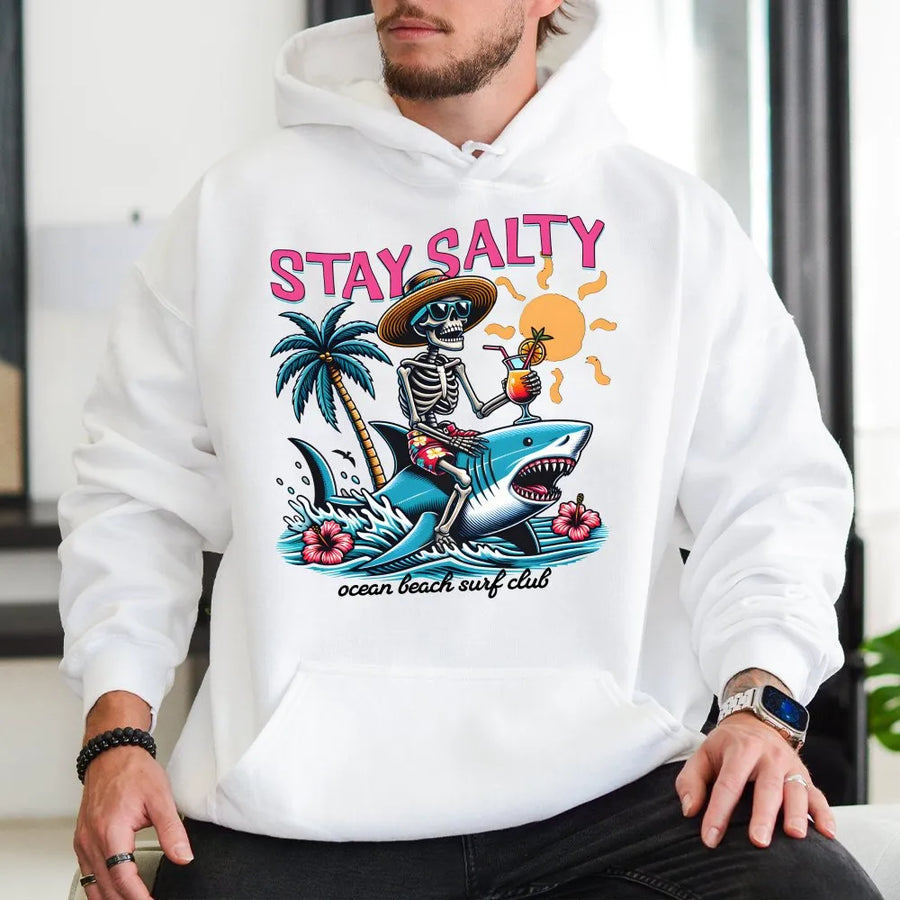 Stay Salty Skeleton Shark Hoodie | Funny Retro Surfer Graphic | Premium Cotton | Summer Vacation Gift for Men & Women