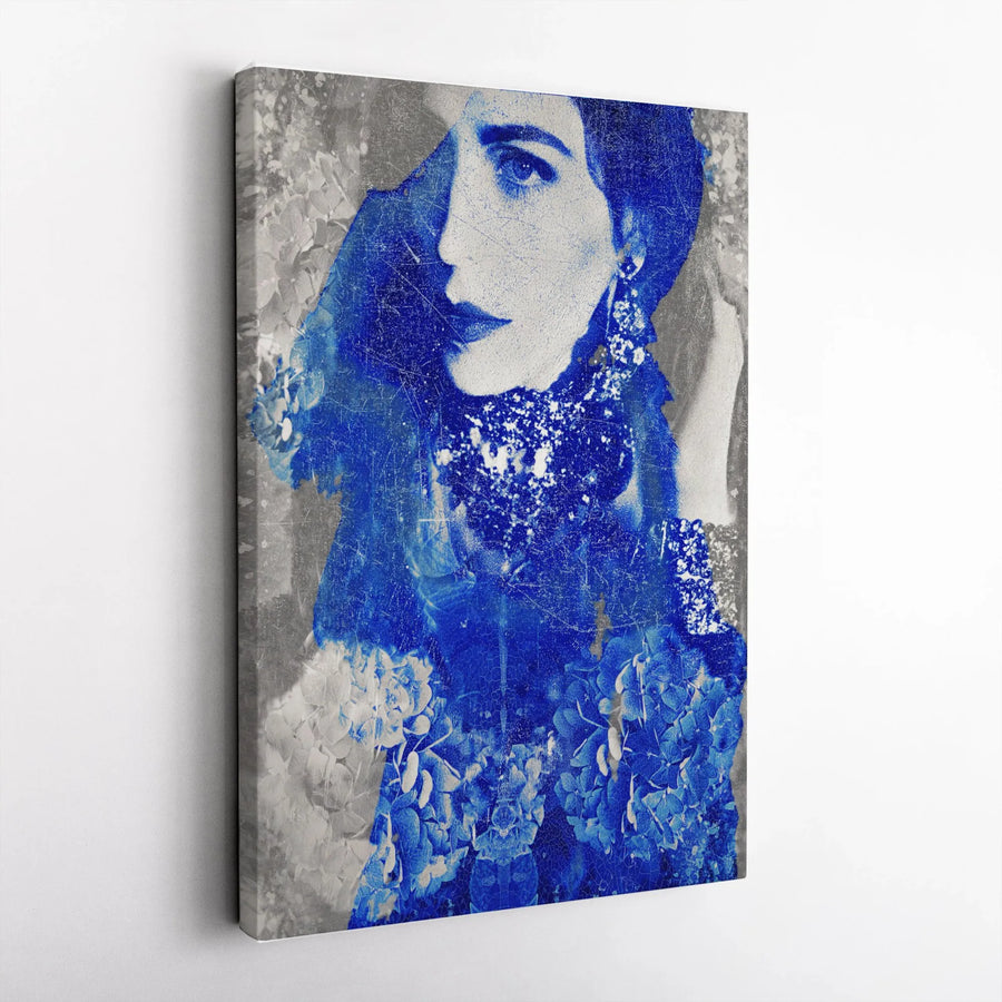 Abstract Woman Portrait Canvas Print | Blue Gaze Floral Collage Art | Premium 1.25" Thick Gallery Canvas | Modern Living Room Decor Gift
