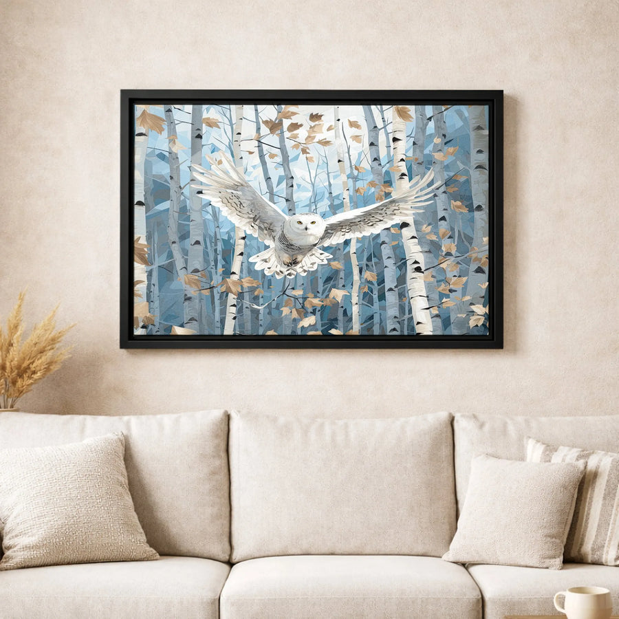Snowy Owl Canvas Wall Art | Geometric Birch Forest Print | Gallery Quality 1.25 Inch Wrap | Nature Lover Home Decor Gift