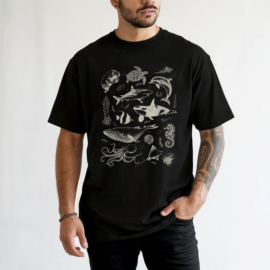 Ocean Sea Life T-Shirt | Vintage Marine Biology Sketch Graphic | Premium 100% Cotton Tee | Wildlife Gift for Ocean Lovers & Nature Enthusiasts