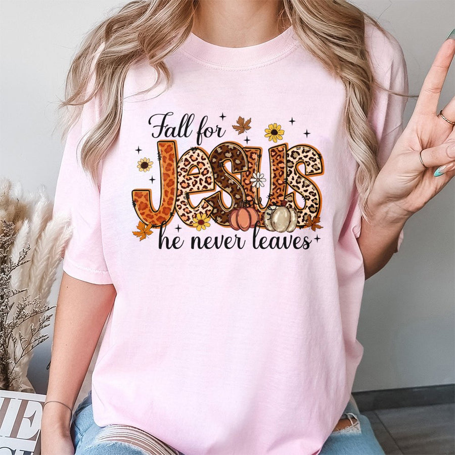Fall For Jesus T-Shirt | Christian Autumn Leopard Pumpkin Print | 100% Cotton Premium Tee | Religious Fall Gift for Women & Men