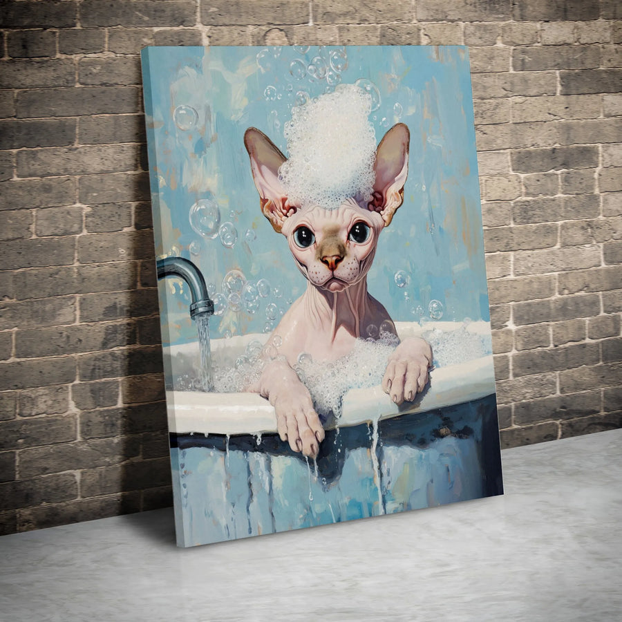 Sphynx Cat Canvas Wall Art | Bubble Bath Funny Bathroom Decor | Premium Gallery Wrap Print | Quirky Gift for Cat Lovers