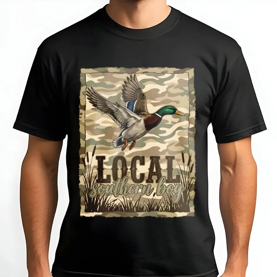 Duck Hunting T-Shirt | Local Southern Boy Camo Mallard Design | Soft Cotton Blend | Gift for Hunter, Outdoorsman Country Apparel