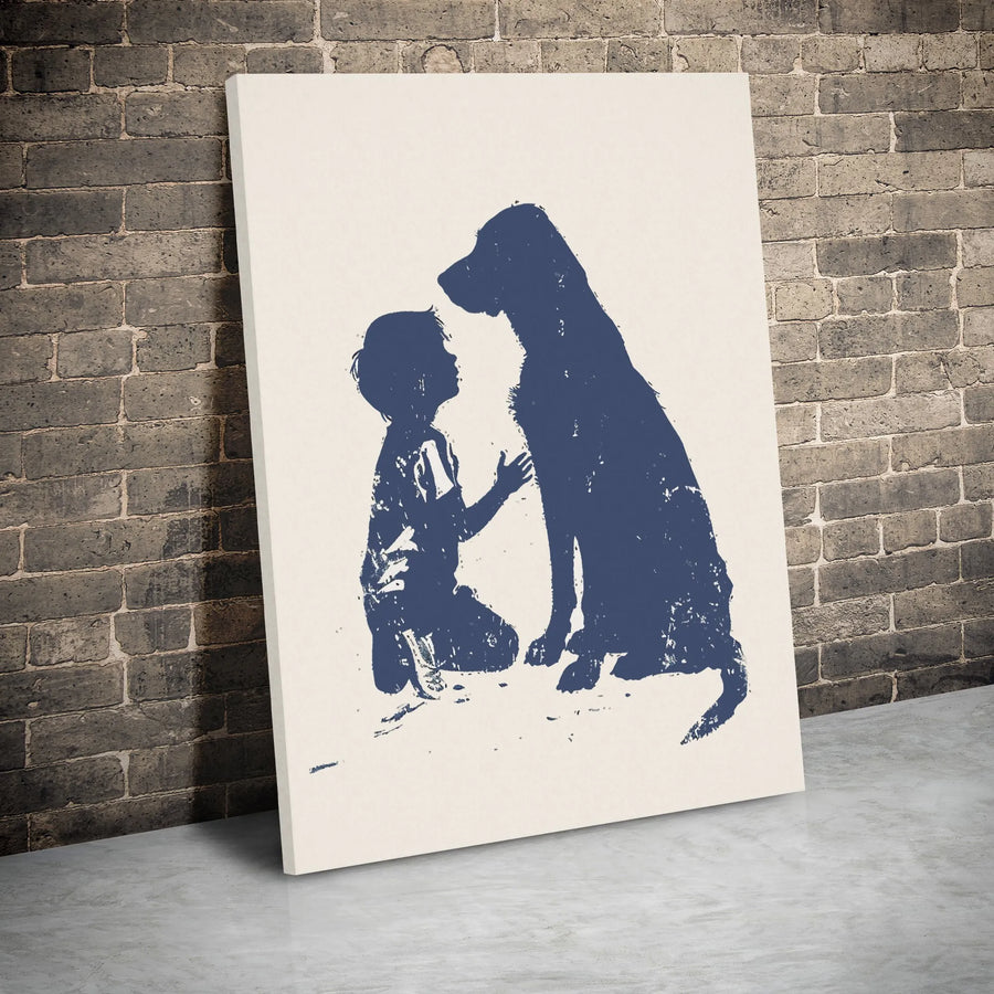 Boy And Dog Silhouette Wall Art | Minimalist Distressed Portrait | Premium Gallery Wrapped Canvas | Heartwarming Gift For Dog Lovers & Nursery Decor