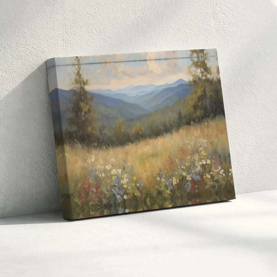 Mountain Wildflower Meadow Canvas | Vintage Landscape Painting Print | Premium Gallery Wrapped Canvas | Rustic Home Decor Gift