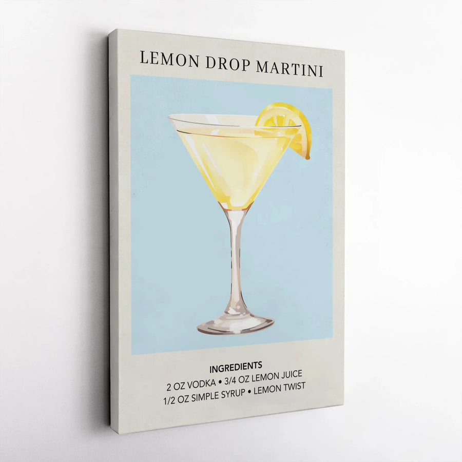 Lemon Drop Martini Canvas Print | Minimalist Cocktail Recipe Wall Art | Premium Gallery Wrap Decor | Bar Cart Aesthetic Gift for Mixology Lovers