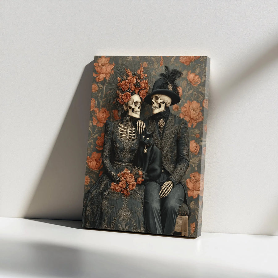 Skeleton Couple Canvas Wall Art | Victorian Gothic Portrait with Black Cat | Premium Canvas Print | Unique Gothic Home Decor Gift