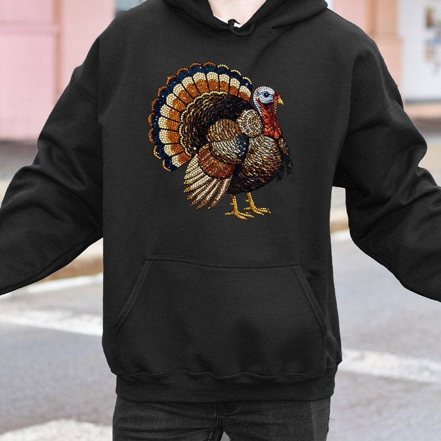 Thanksgiving Turkey Hoodie | Faux Rhinestone Graphic Design | Premium Cotton-Blend Pullover | Cozy Fall Holiday Gift For Women And Men