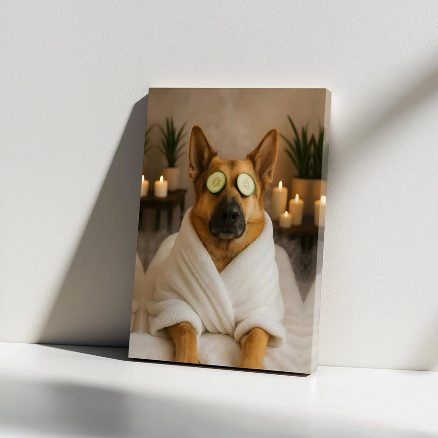 German Shepherd Spa Wall Art | Funny Dog in Bathrobe Cucumber Print | Premium Gallery Wrapped Canvas | Perfect Gift for Dog Lovers & Home Decor