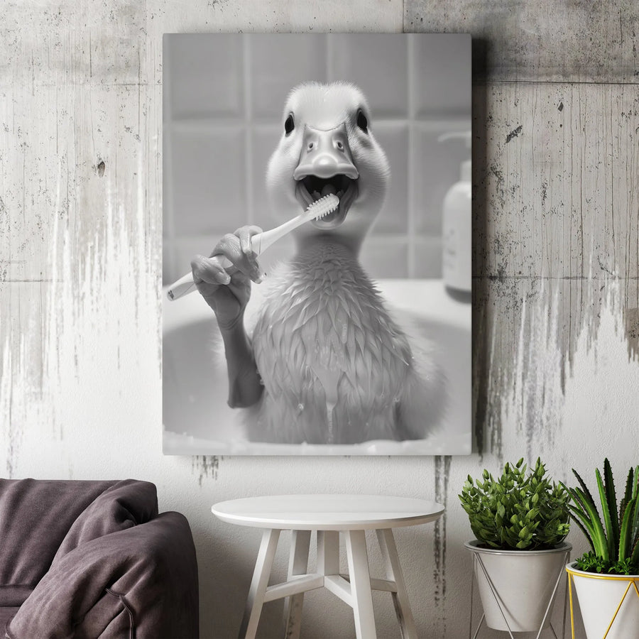 Funny Duck Brushing Teeth Vertical Canvas | Humorous Black and White Animal Art | Premium Gallery Print | Quirky Bathroom Decor Gift