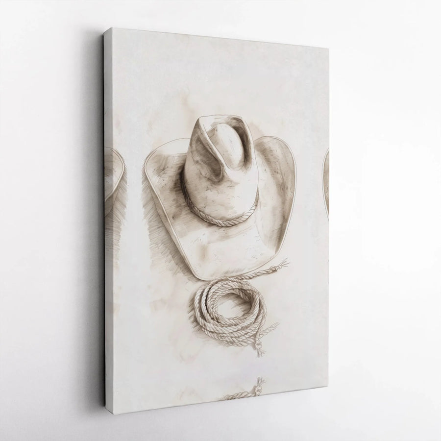 Western Cowboy Hat and Lasso Canvas Wall Art | Rustic Sketch Style Print | 1.25 Inch Gallery Wrap | Country Home Decor Gift