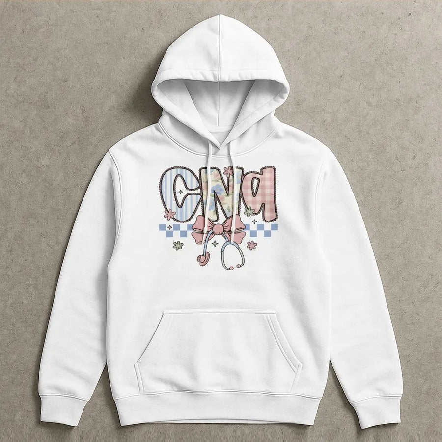 CNA Nurse Hoodie | Coquette Floral Stethoscope Bow Graphic | Soft Cotton Blend | Nurses Week Appreciation Gift for Certified Nursing Assistant