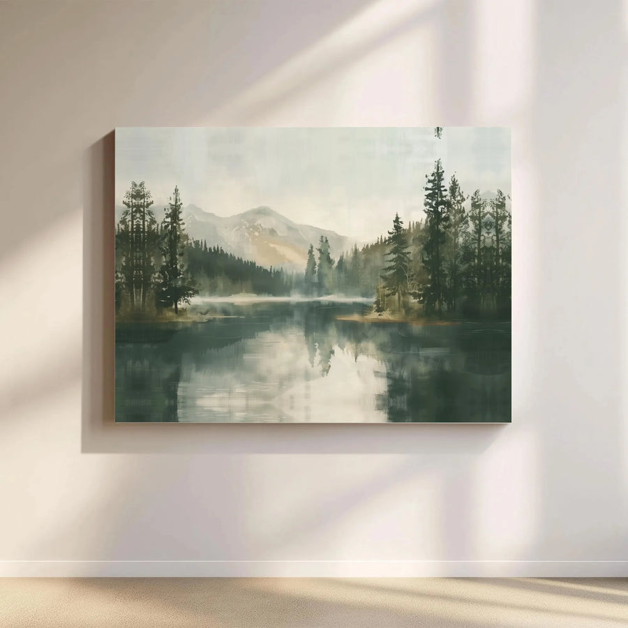 Misty Mountain Lake Canvas Wall Art | Serene Pine Forest Reflection Print | Gallery Wrapped Premium Quality | Nature Decor For Living Room