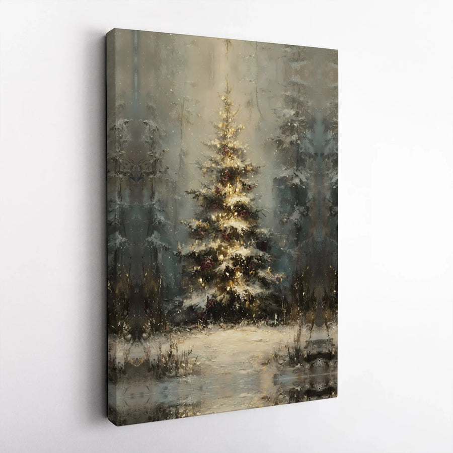 Christmas Tree Canvas Wall Art | Impressionist Winter Forest Snowy Landscape | Premium Gallery Wrapped Print | Holiday Home Decor Gift