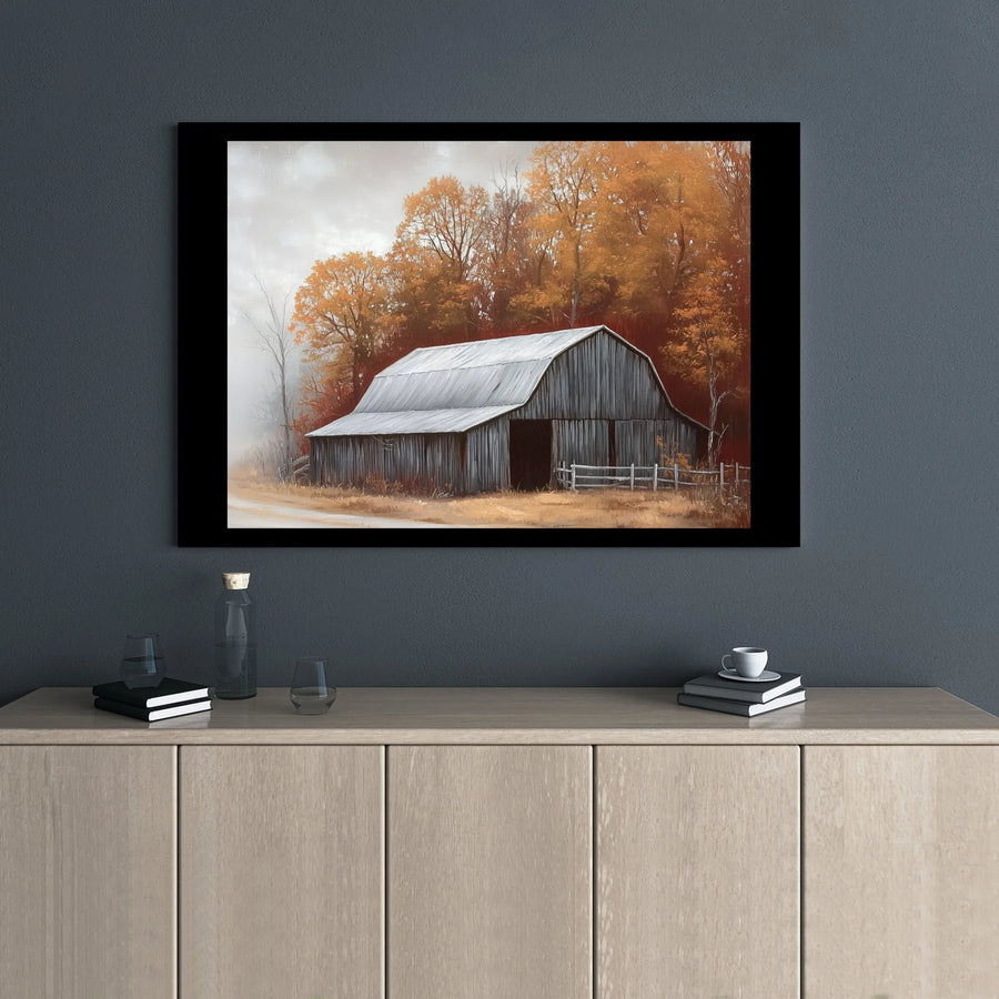 Rustic Barn Wall Art | Foggy Autumn Landscape Canvas Print | Premium Gallery Wrap Decor | Farmhouse Living Room Wall Decor