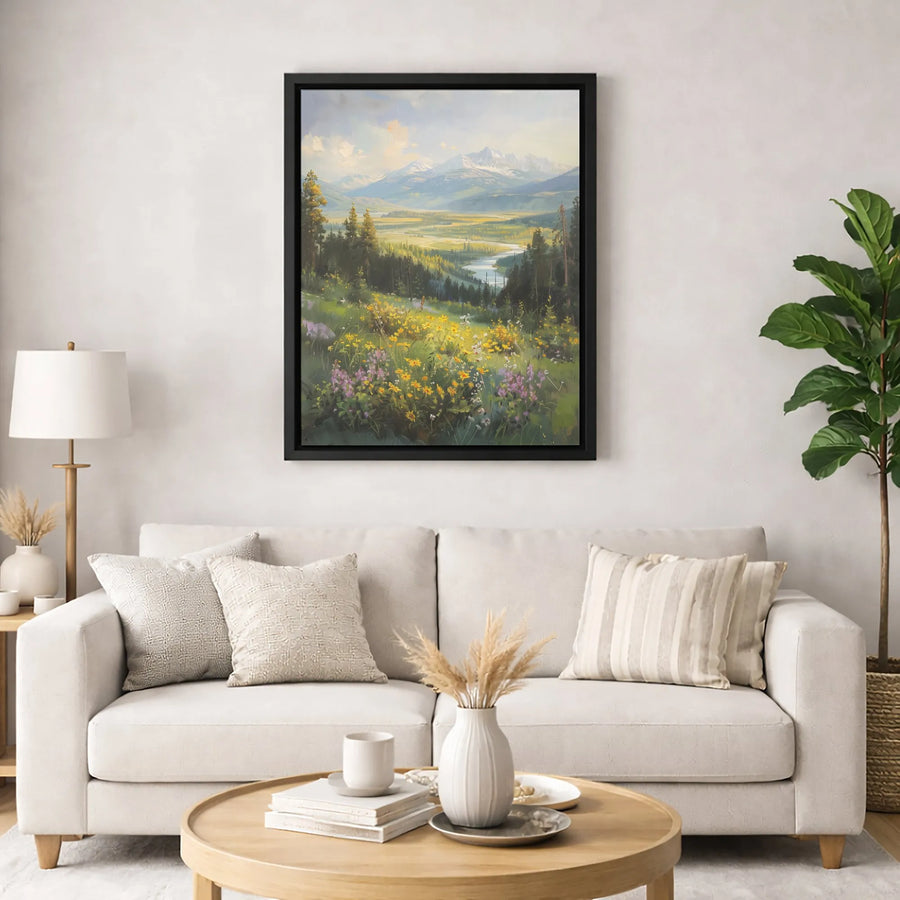 Mountain Valley Landscape Canvas Art | Wildflower Meadow Print | Premium 1.25" Gallery Wrap | Nature Wall Decor for Home Office