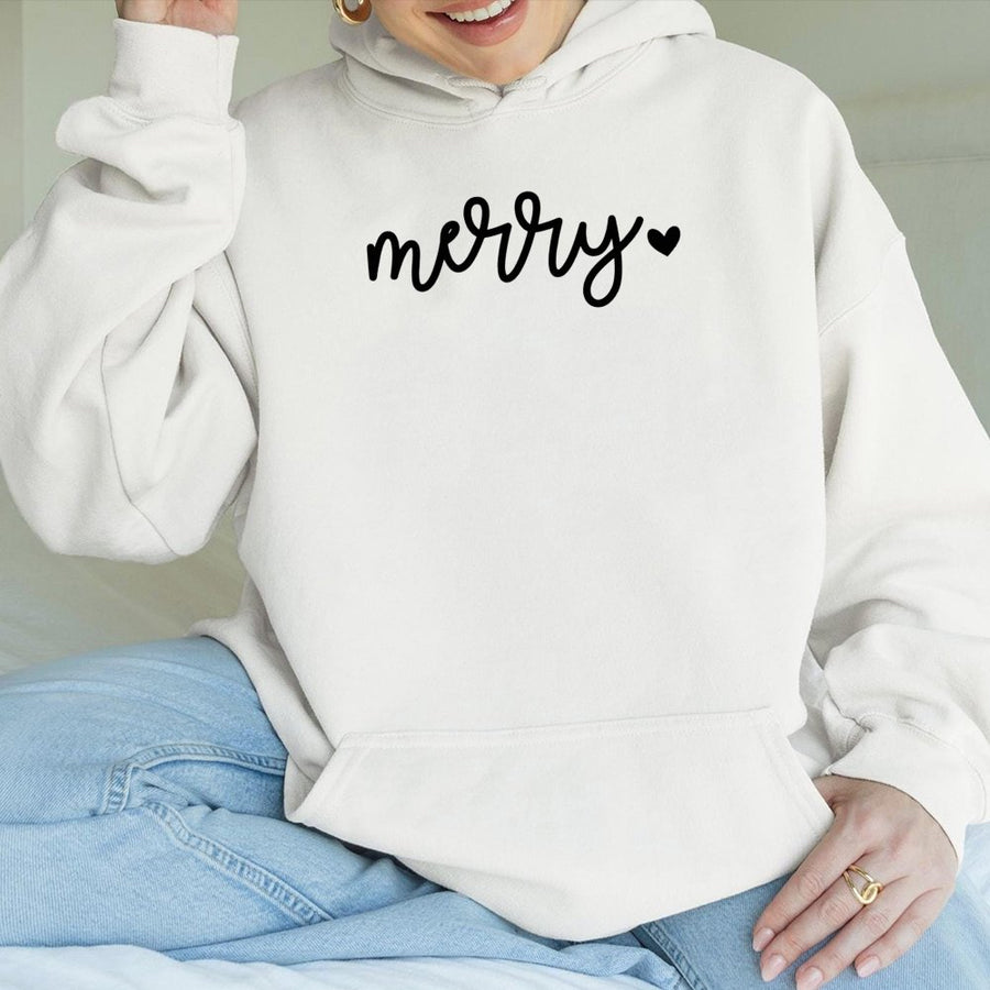 Merry Christmas Hoodie | Minimalist Script Heart Graphic | Premium Cotton Blend Unisex Pullover | Festive Holiday Gift for Her