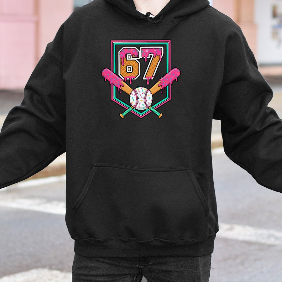 67 Baseball Hoodie | Ice Cream Drip Number 67 Graphic | Cotton Blend Premium Streetwear | Funny Sports Gift for Gen Alpha and Teens