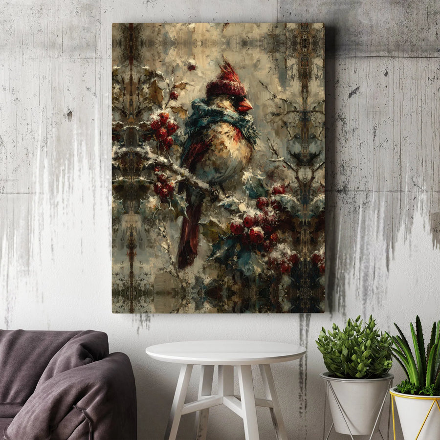 Winter Cardinal Canvas Wall Art | Whimsical Bird in Scarf Painting | 1.25” Gallery Wrap Premium Print | Cozy Holiday Home Decor Gift