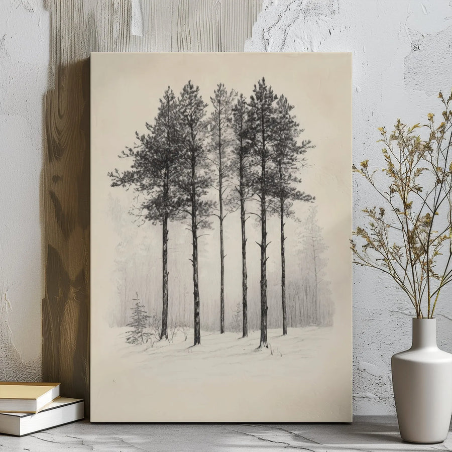 Winter Forest Canvas Art | Pine Tree Pencil Sketch | Gallery Wrapped Premium Print | Neutral Nature Home Decor Wall Hanging